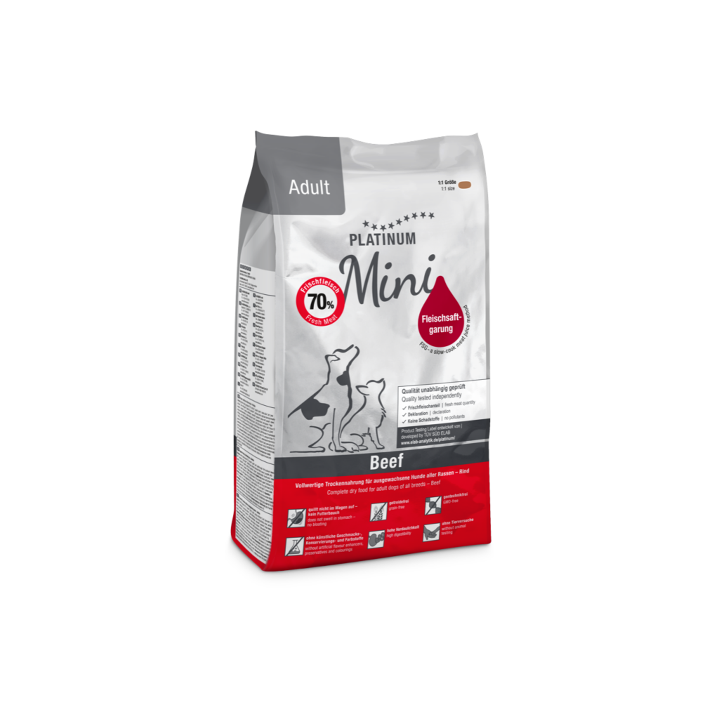 Platinum Mini Adult Beef sausā suņu barība ar liellopu, 900 g iepakojums (sānskats)