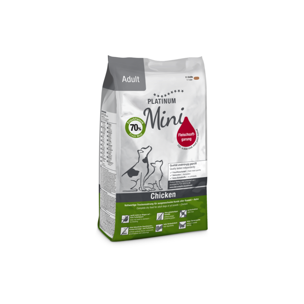 Platinum Mini Adult Chicken sausā suņu barība ar vistu, 900 g iepakojums (sānskats)