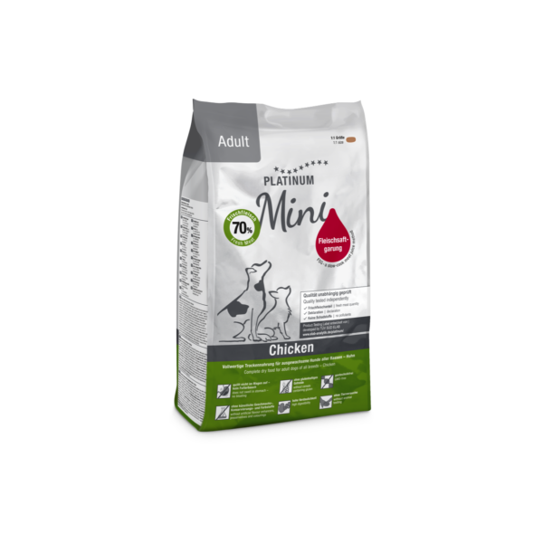 Platinum Mini Adult Chicken sausā suņu barība ar vistu, 900 g iepakojums (sānskats)