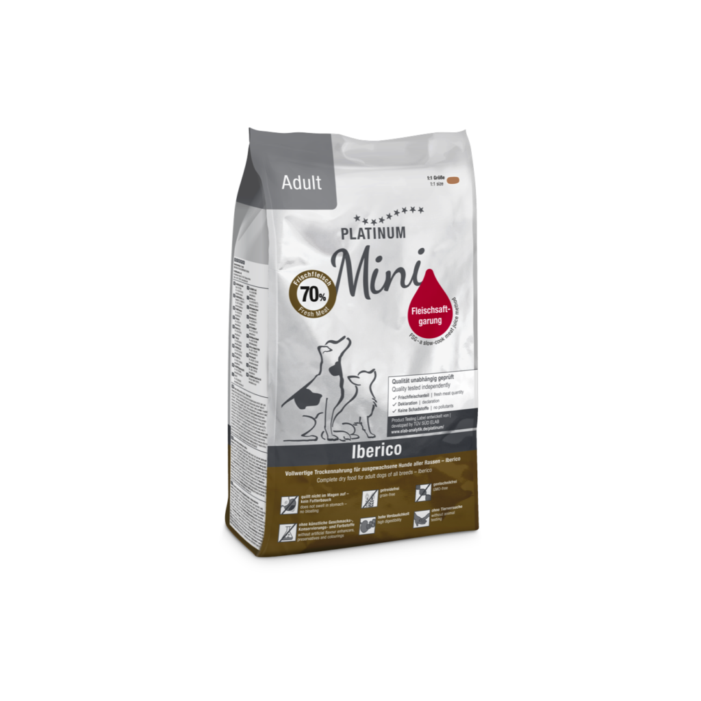 Platinum Mini Adult Iberico sausā suņu barība ar Ibērijas cūkgaļu, 900 g iepakojums (sānskats)