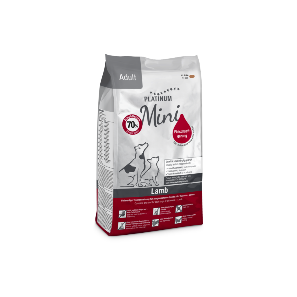 Platinum Mini Adult Lamb & Rice sausā suņu barība ar jēru, 900 g iepakojums (sānskats)