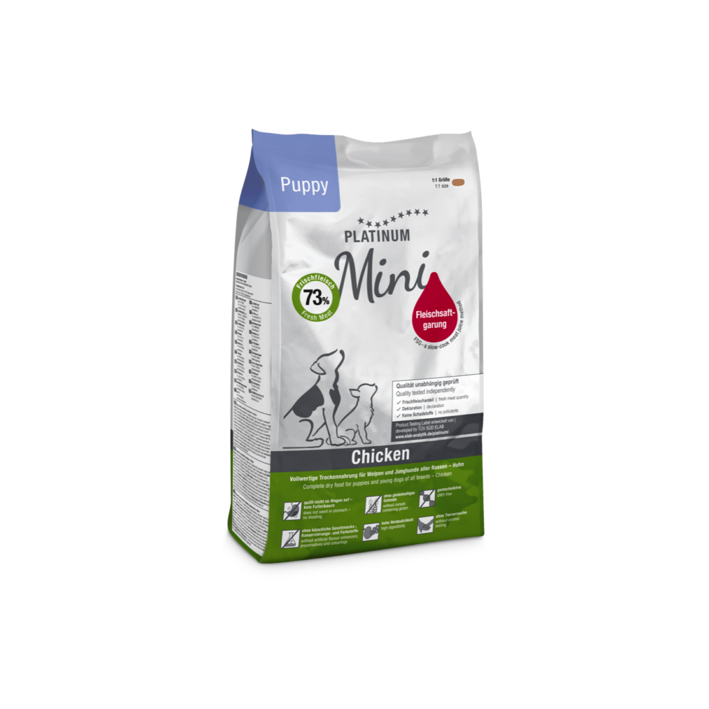 Platinum Mini Puppy Chicken sausā barība kucēniem ar vistu, 900 g iepakojums (sānskats)